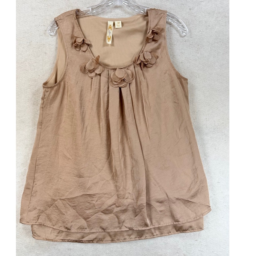 A Diva Taupe Satin Floral Applique Sleeveless‎ Blouse Top Tan Medium